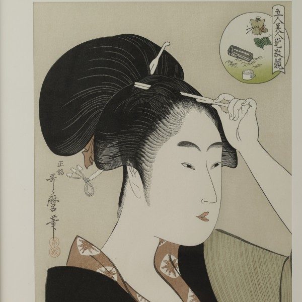 Kitagawa Utamaro, Comparing the Charms of Five Beauties: Suminoe from Shiba Woodblock Print, with frame